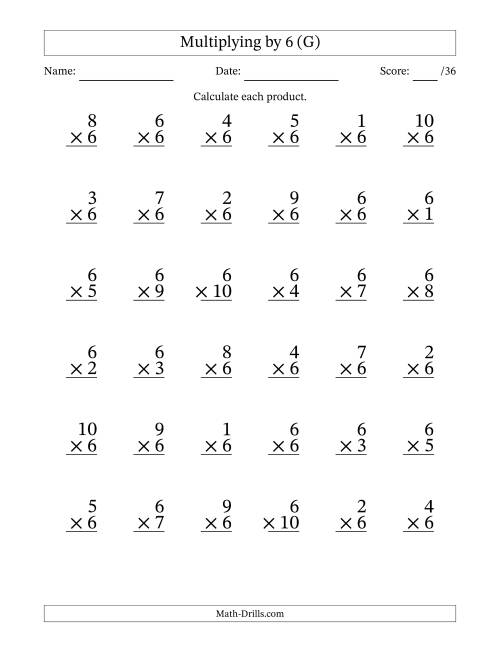 The Multiplying (1 to 10) by 6 (36 Questions) (G) Math Worksheet