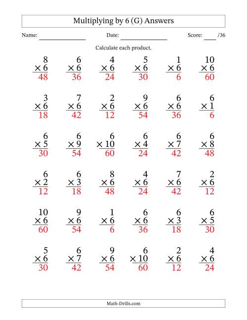 The Multiplying (1 to 10) by 6 (36 Questions) (G) Math Worksheet Page 2