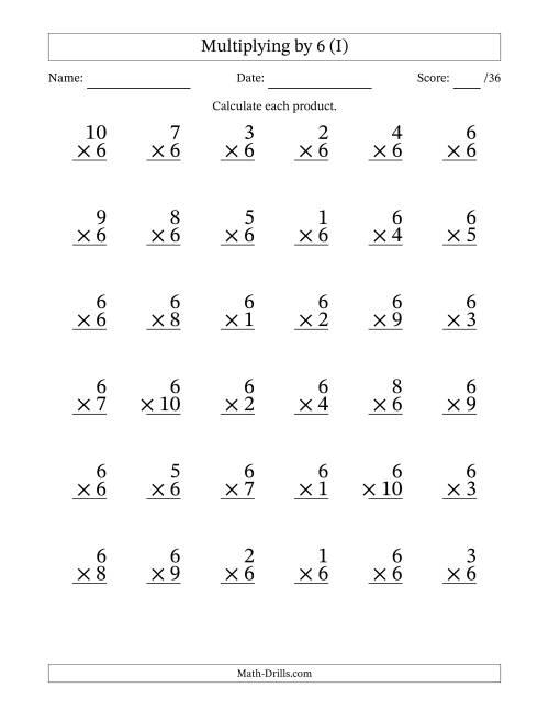 The Multiplying (1 to 10) by 6 (36 Questions) (I) Math Worksheet