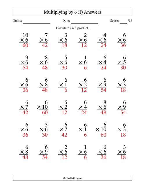 The Multiplying (1 to 10) by 6 (36 Questions) (I) Math Worksheet Page 2