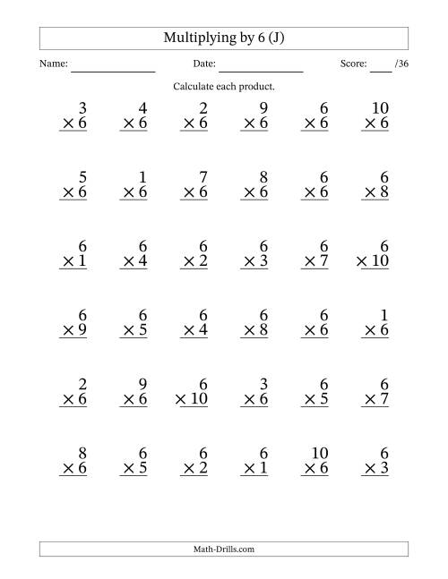 The Multiplying (1 to 10) by 6 (36 Questions) (J) Math Worksheet