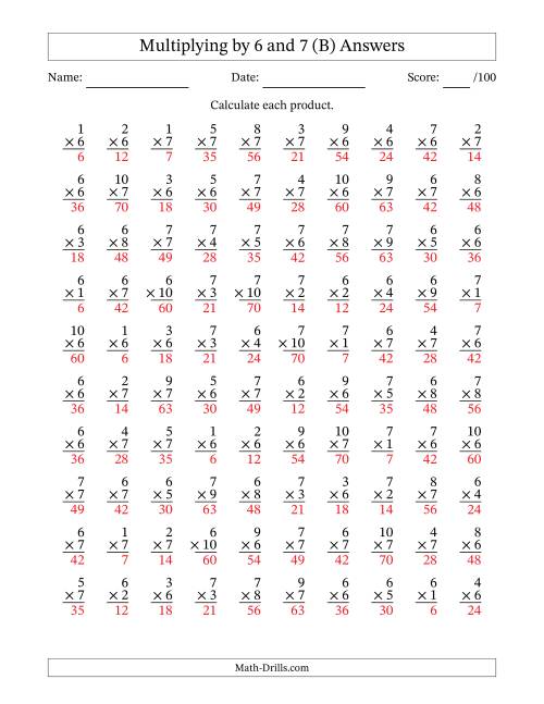 The Multiplying (1 to 10) by 6 and 7 (100 Questions) (B) Math Worksheet Page 2