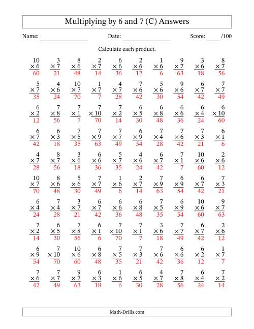 The Multiplying (1 to 10) by 6 and 7 (100 Questions) (C) Math Worksheet Page 2