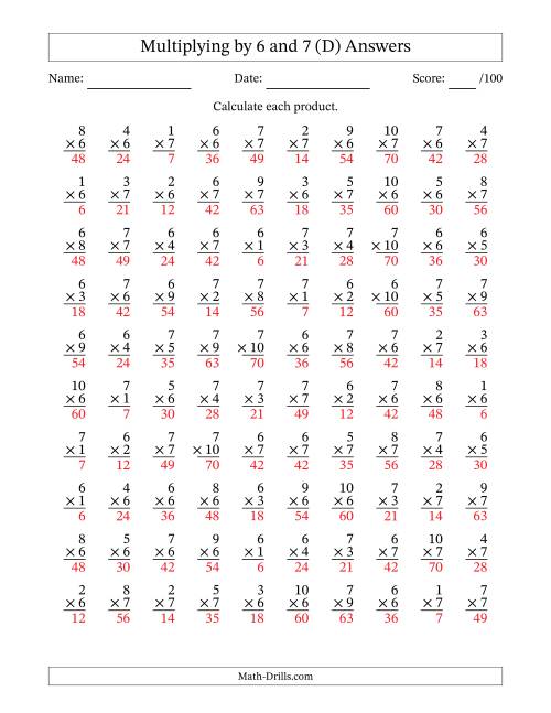 The Multiplying (1 to 10) by 6 and 7 (100 Questions) (D) Math Worksheet Page 2