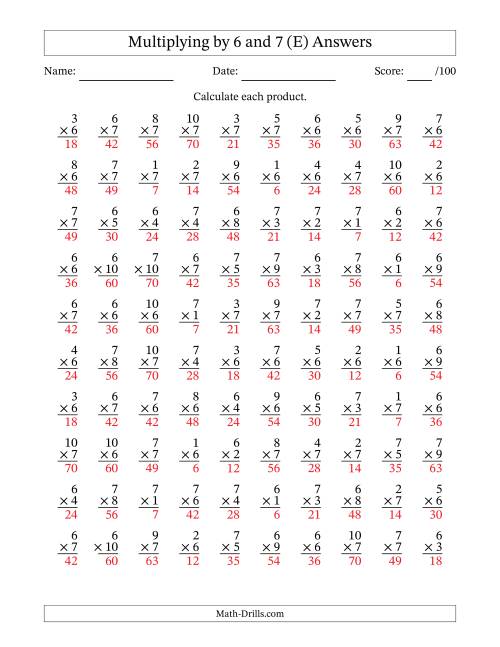 The Multiplying (1 to 10) by 6 and 7 (100 Questions) (E) Math Worksheet Page 2