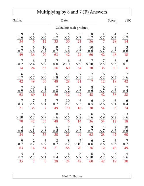 The Multiplying (1 to 10) by 6 and 7 (100 Questions) (F) Math Worksheet Page 2