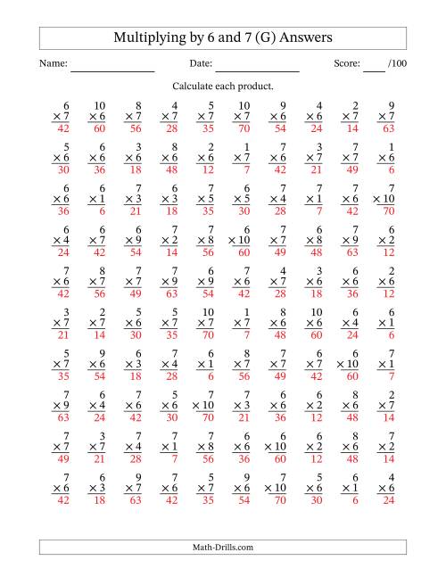 The Multiplying (1 to 10) by 6 and 7 (100 Questions) (G) Math Worksheet Page 2