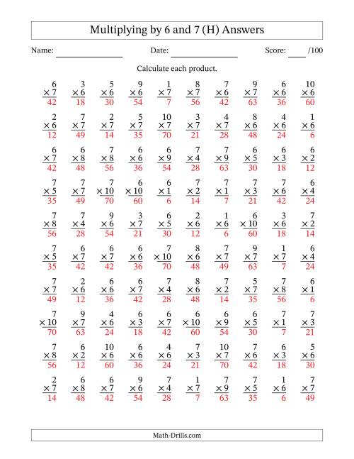 The Multiplying (1 to 10) by 6 and 7 (100 Questions) (H) Math Worksheet Page 2