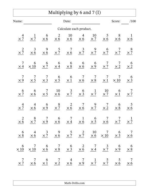 The Multiplying (1 to 10) by 6 and 7 (100 Questions) (I) Math Worksheet