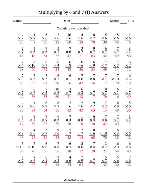 The Multiplying (1 to 10) by 6 and 7 (100 Questions) (I) Math Worksheet Page 2