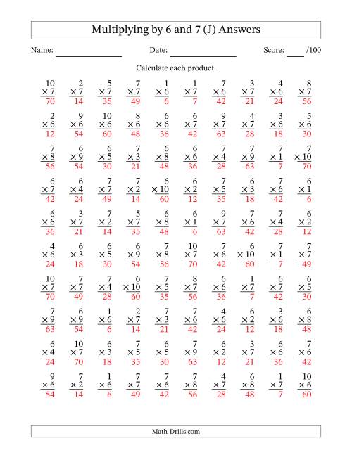 The Multiplying (1 to 10) by 6 and 7 (100 Questions) (J) Math Worksheet Page 2