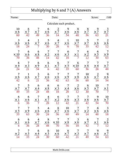 The Multiplying (1 to 10) by 6 and 7 (100 Questions) (All) Math Worksheet Page 2