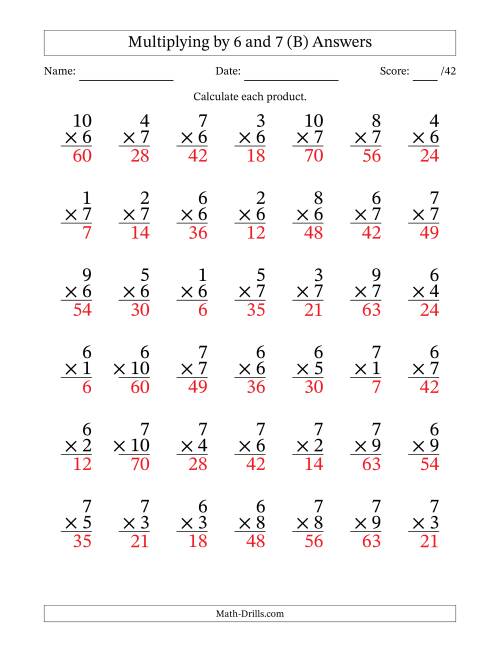 The Multiplying (1 to 10) by 6 and 7 (42 Questions) (B) Math Worksheet Page 2