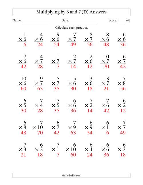 The Multiplying (1 to 10) by 6 and 7 (42 Questions) (D) Math Worksheet Page 2