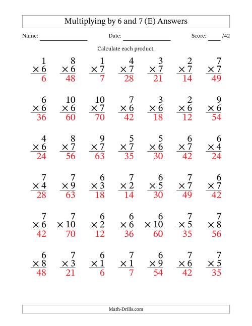 The Multiplying (1 to 10) by 6 and 7 (42 Questions) (E) Math Worksheet Page 2