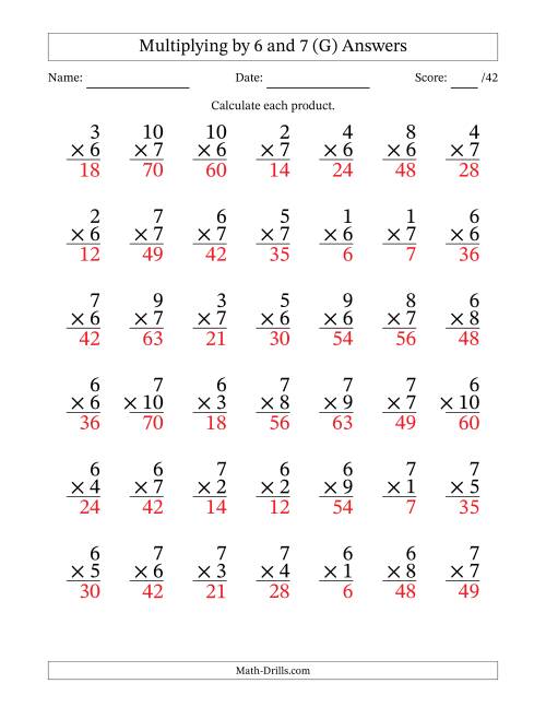 The Multiplying (1 to 10) by 6 and 7 (42 Questions) (G) Math Worksheet Page 2