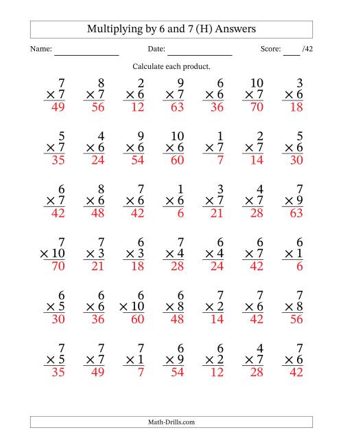The Multiplying (1 to 10) by 6 and 7 (42 Questions) (H) Math Worksheet Page 2