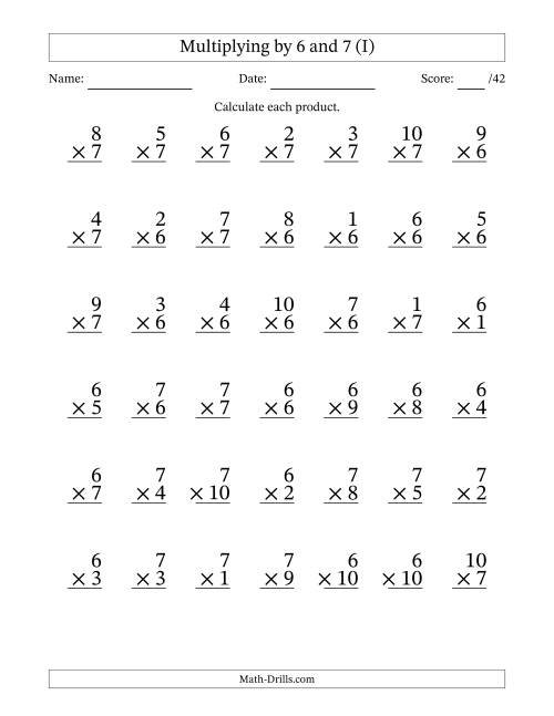 The Multiplying (1 to 10) by 6 and 7 (42 Questions) (I) Math Worksheet