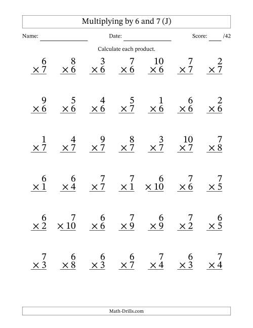 The Multiplying (1 to 10) by 6 and 7 (42 Questions) (J) Math Worksheet