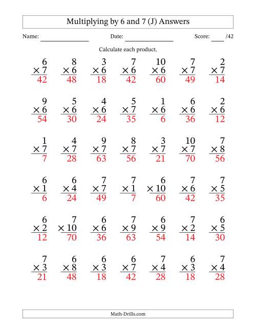 The Multiplying (1 to 10) by 6 and 7 (42 Questions) (J) Math Worksheet Page 2
