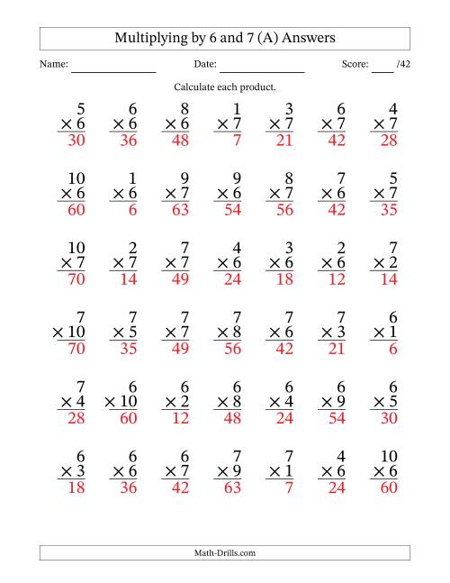 The Multiplying (1 to 10) by 6 and 7 (42 Questions) (All) Math Worksheet Page 2