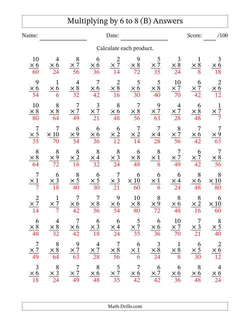The Multiplying (1 to 10) by 6 to 8 (100 Questions) (B) Math Worksheet Page 2