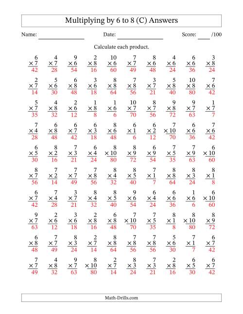 The Multiplying (1 to 10) by 6 to 8 (100 Questions) (C) Math Worksheet Page 2