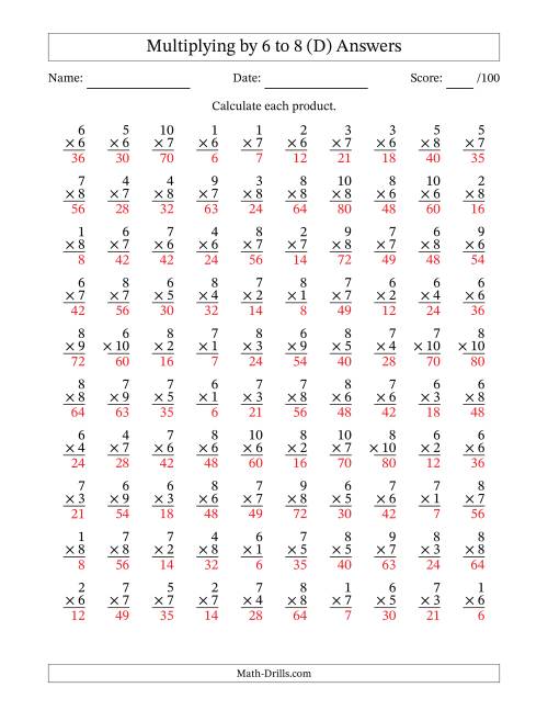 The Multiplying (1 to 10) by 6 to 8 (100 Questions) (D) Math Worksheet Page 2