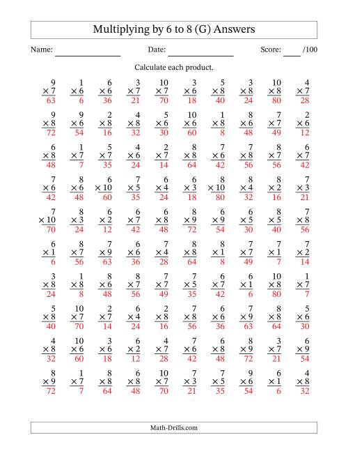 The Multiplying (1 to 10) by 6 to 8 (100 Questions) (G) Math Worksheet Page 2