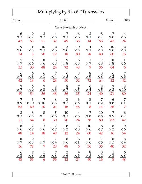 The Multiplying (1 to 10) by 6 to 8 (100 Questions) (H) Math Worksheet Page 2