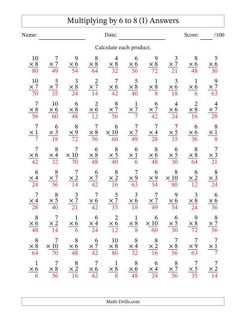 The Multiplying (1 to 10) by 6 to 8 (100 Questions) (I) Math Worksheet Page 2