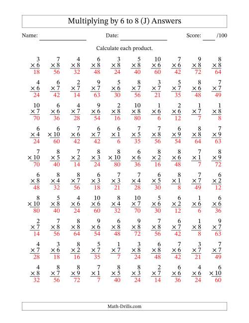 The Multiplying (1 to 10) by 6 to 8 (100 Questions) (J) Math Worksheet Page 2