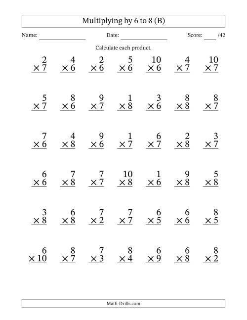 The Multiplying (1 to 10) by 6 to 8 (42 Questions) (B) Math Worksheet