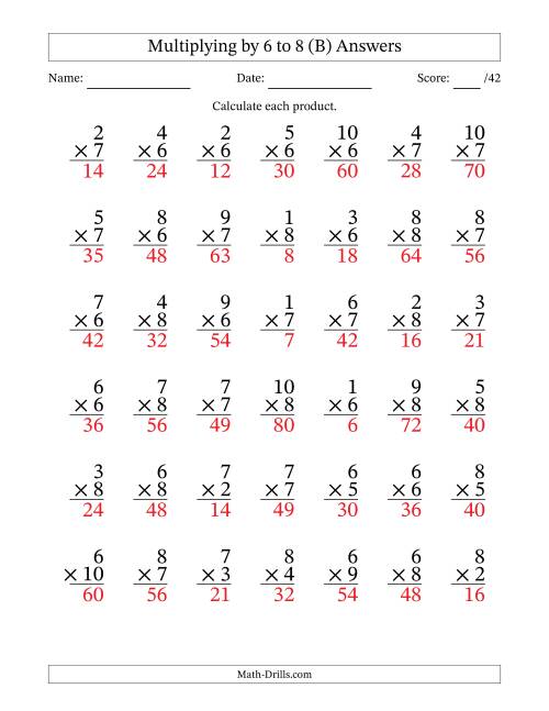 The Multiplying (1 to 10) by 6 to 8 (42 Questions) (B) Math Worksheet Page 2