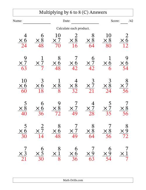 The Multiplying (1 to 10) by 6 to 8 (42 Questions) (C) Math Worksheet Page 2