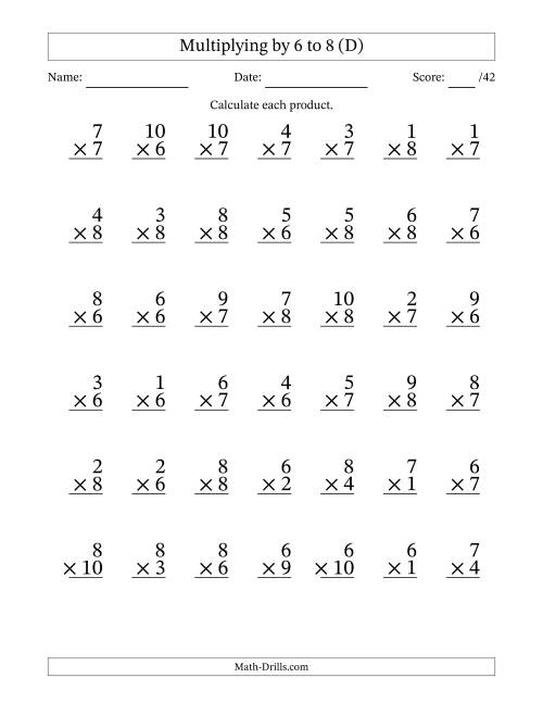 The Multiplying (1 to 10) by 6 to 8 (42 Questions) (D) Math Worksheet