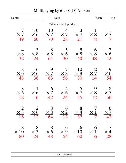 The Multiplying (1 to 10) by 6 to 8 (42 Questions) (D) Math Worksheet Page 2