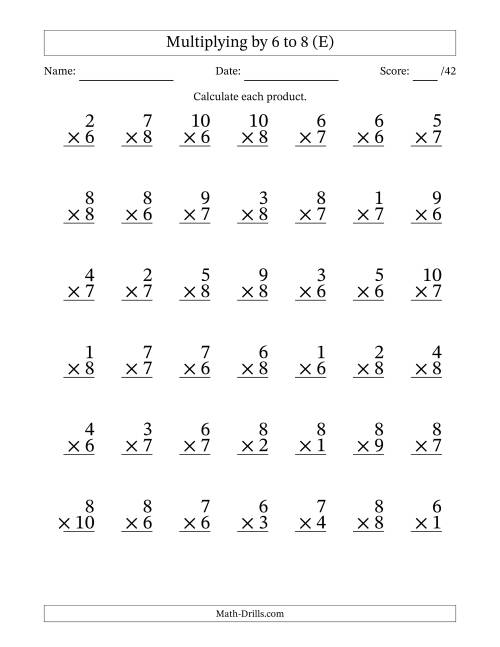 The Multiplying (1 to 10) by 6 to 8 (42 Questions) (E) Math Worksheet
