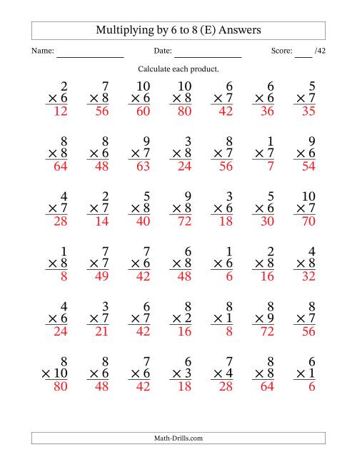 The Multiplying (1 to 10) by 6 to 8 (42 Questions) (E) Math Worksheet Page 2