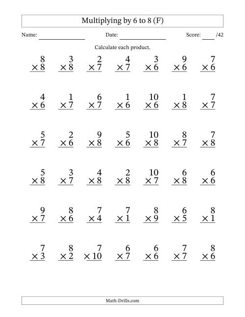 The Multiplying (1 to 10) by 6 to 8 (42 Questions) (F) Math Worksheet