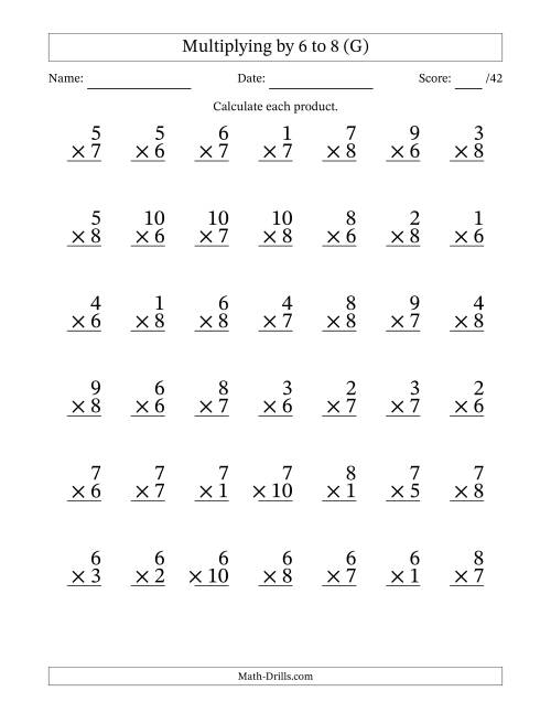 The Multiplying (1 to 10) by 6 to 8 (42 Questions) (G) Math Worksheet