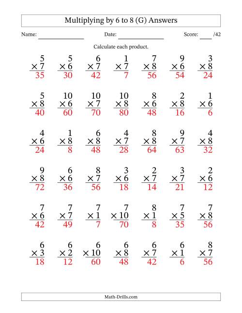 The Multiplying (1 to 10) by 6 to 8 (42 Questions) (G) Math Worksheet Page 2