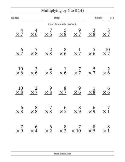 The Multiplying (1 to 10) by 6 to 8 (42 Questions) (H) Math Worksheet