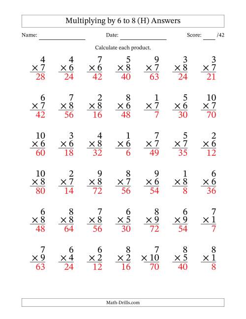 The Multiplying (1 to 10) by 6 to 8 (42 Questions) (H) Math Worksheet Page 2