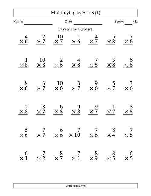 The Multiplying (1 to 10) by 6 to 8 (42 Questions) (I) Math Worksheet