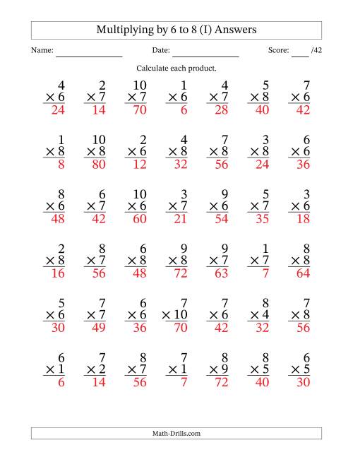 The Multiplying (1 to 10) by 6 to 8 (42 Questions) (I) Math Worksheet Page 2