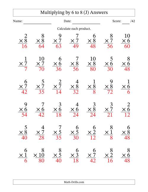 The Multiplying (1 to 10) by 6 to 8 (42 Questions) (J) Math Worksheet Page 2