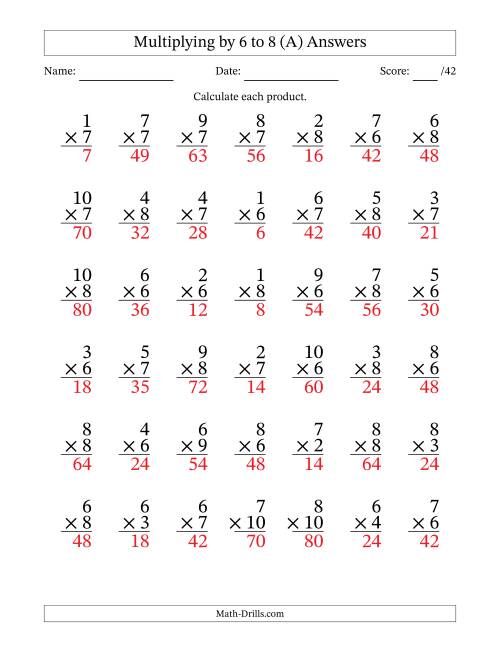 The Multiplying (1 to 10) by 6 to 8 (42 Questions) (All) Math Worksheet Page 2