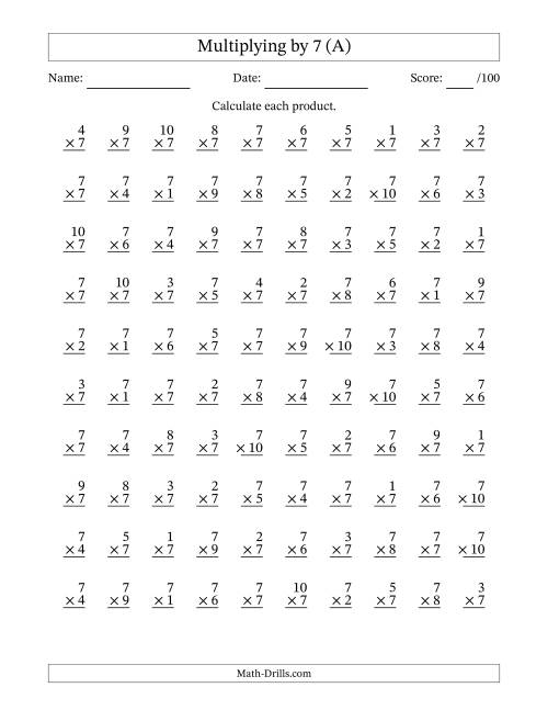 The Multiplying (1 to 10) by 7 (100 Questions) (A) Math Worksheet