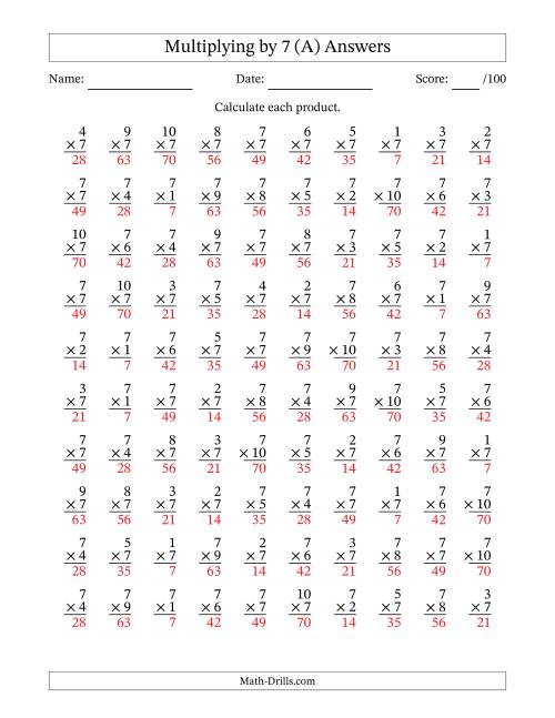 The Multiplying (1 to 10) by 7 (100 Questions) (A) Math Worksheet Page 2